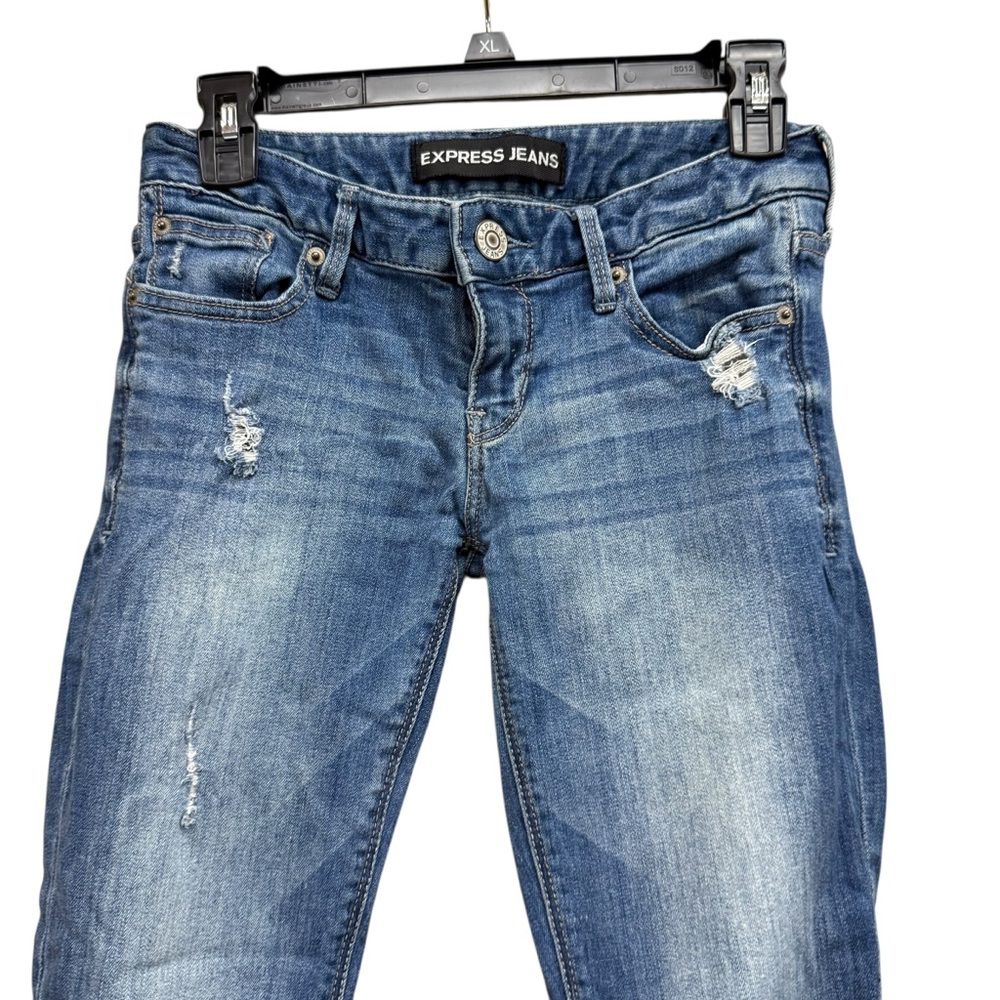 Express Blue Denim Distressed Skinny Jeans GUC Sz 0 Short - Picture 3 of 7